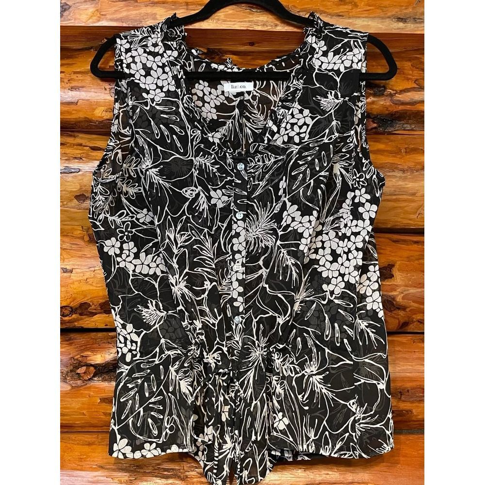 Liz & Co Black Floral Sheer Blouse Size‎ Large